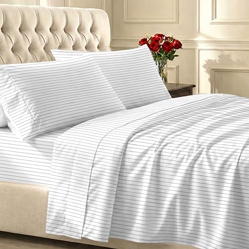 California Design Den Printed Twin XL Sheet Sets - 400 Thread Count Sateen, Natural 100% Cotton Sheets Set, Deep Pockets, Cooling and Durable Bedding Set - Pinstriped