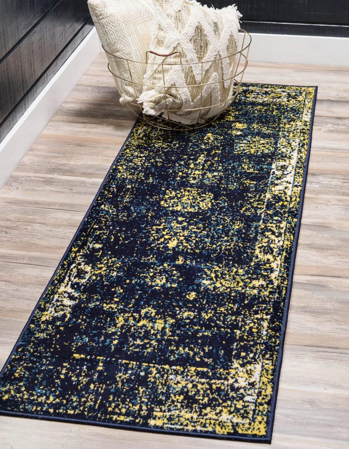 Unique Loom Sofia Collection Area Rug - Casino (3' 3" x 19' 8" Runner, Navy Blue/ Yellow)