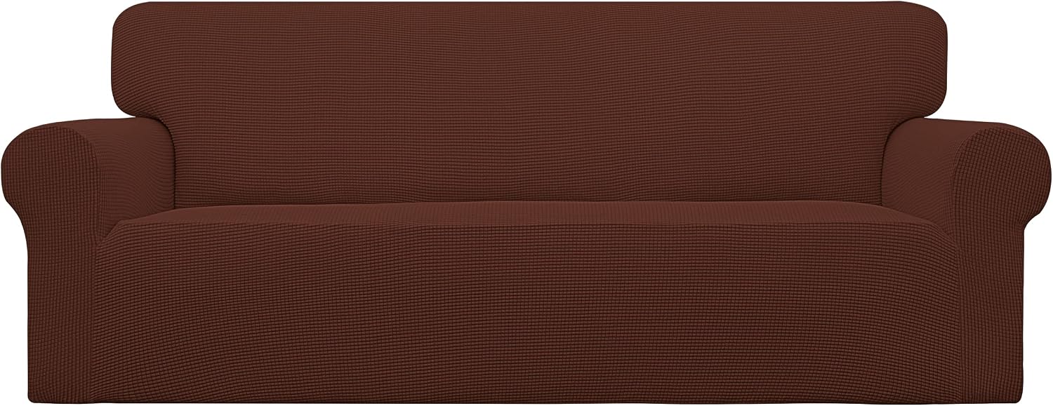 Easy-Going Stretch Oversized Sofa Slipcover 1-Piece Sofa Cover Furniture Protector Couch Soft with Elastic Bottom for Kids, Polyester Spandex Jacquard Fabric Small Checks Coffee