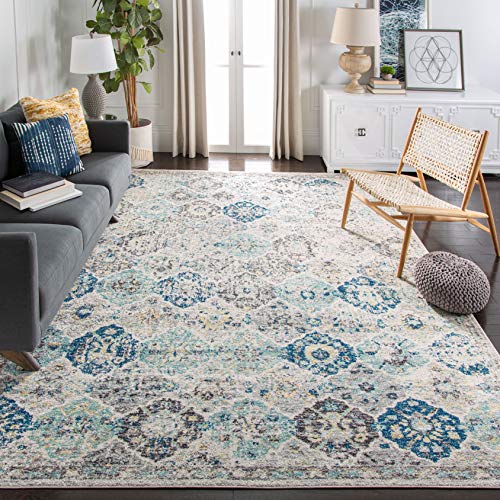 SAFAVIEH Madison Collection Area Rug - 6'7" Square, Ivory & Aqua, Boho Chic Distressed Design, Non-Shedding & Easy Care, Ideal for High Traffic Areas in Living Room, Bedroom (MAD611A)