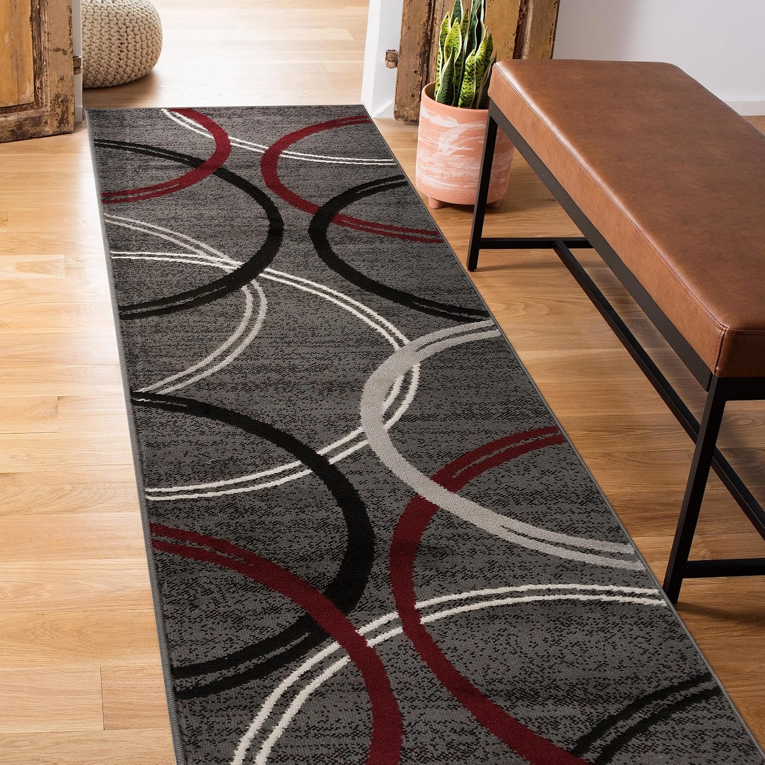 Rugshop Modern Wavy Circles Design Non-Shedding Runner Rug, Carpet for Hallway or Kitchen, Red, 2' x 7'2"