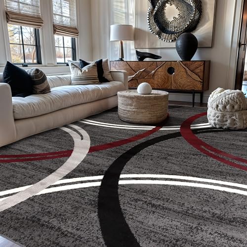 Rugshop Modern Wavy Circles Design Non-Shedding Area Rug, Carpet for Living Room, Dining Room, or Bedroom, Red, 7'10" x 10'2"