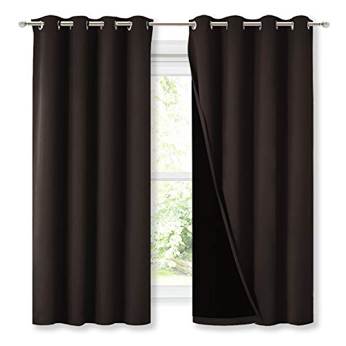NICETOWN Complete 100% Blackout Curtains, Thermal Insulated & Energy Efficiency Window Draperies with Black Liner, Noise Reducing Short Curtains for Kids Room (Brown, 52-inch W by 63-inch L, 2 Panels)