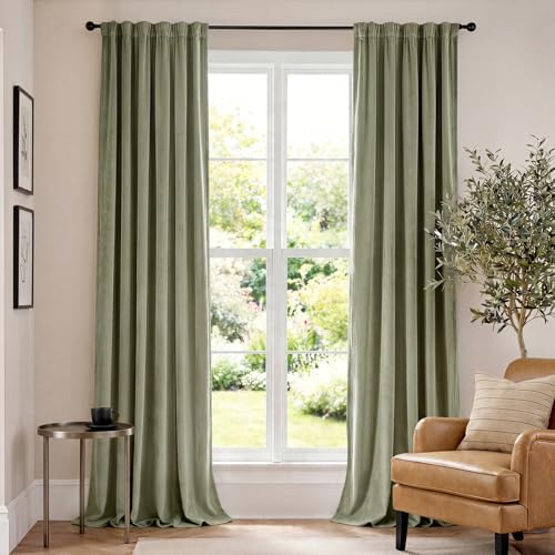 Lazzzy Velvet Blackout Curtains Green Thermal Insulated Drapes for Bedroom Living Room 108 Inches Extra Long Window Treatments Super Soft Luxury Rod Pocket 2 Panels Olive Sage