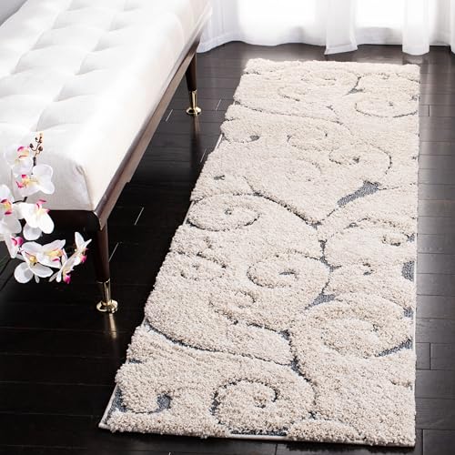 SAFAVIEH Florida Shag Collection Runner Rug - 2'3" x 7', Beige & Blue Grey, Scroll Design, Non-Shedding & Easy to Clean, High-Low Plush Pile, Ideal for Bedroom, Foyer, Hallway (SG455-1155)