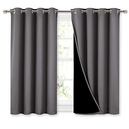 NICETOWN 100% Blackout Curtains with Black Liners, Thermal Insulated Full Blackout 2-Layer Lined Curtains, Energy Efficiency Window Draperies for Dining Room (Grey, 2 Panels, 52-inch W by 45-inch L)