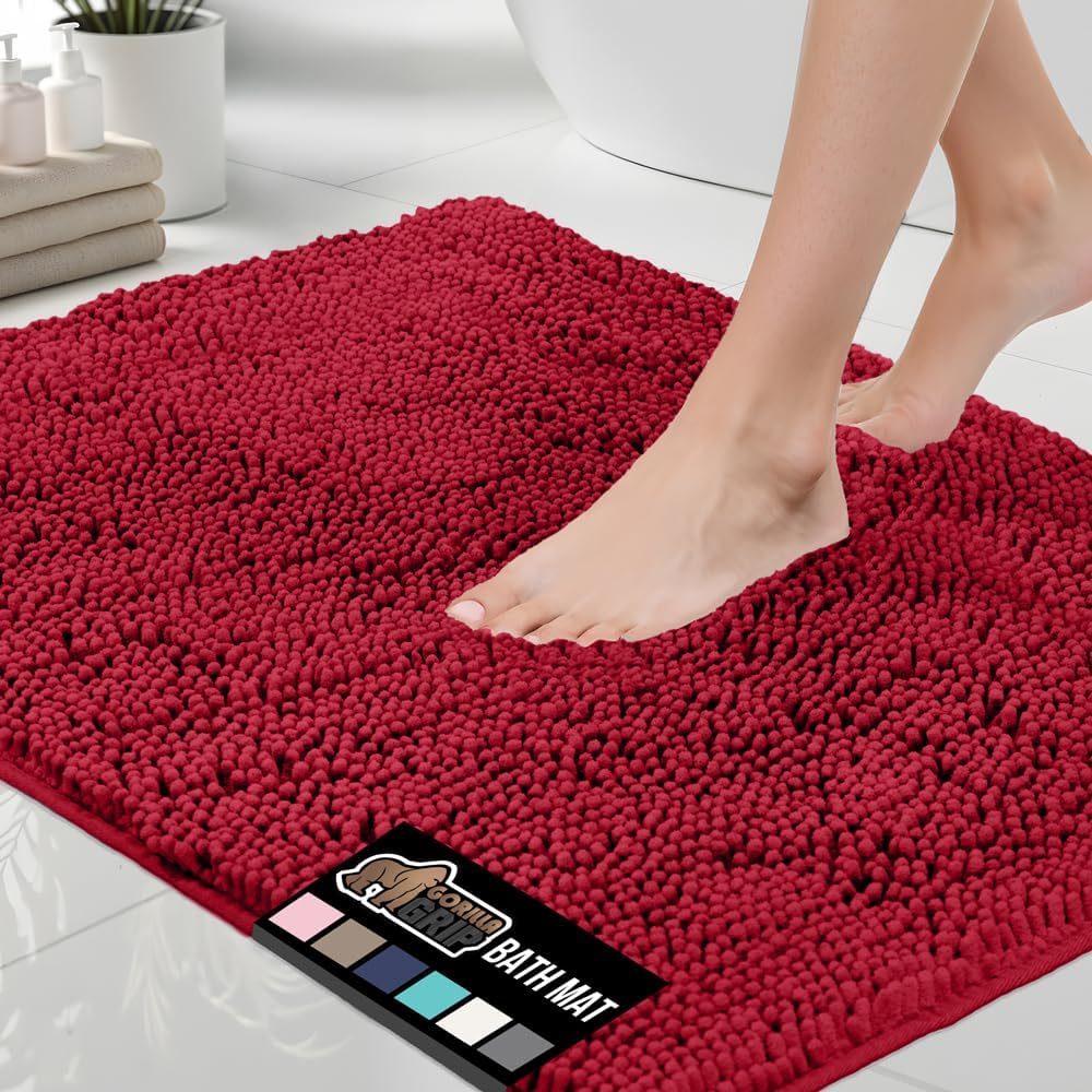 GORILLA GRIP Bath Rug Mat 60x24, Thick Soft Absorbent Chenille, Quick Dry Microfiber Mats, Rubber Backing Washable Shower Floor Rugs, Bathmat Runner, US Designed Bathroom Home Decor Accessories Red