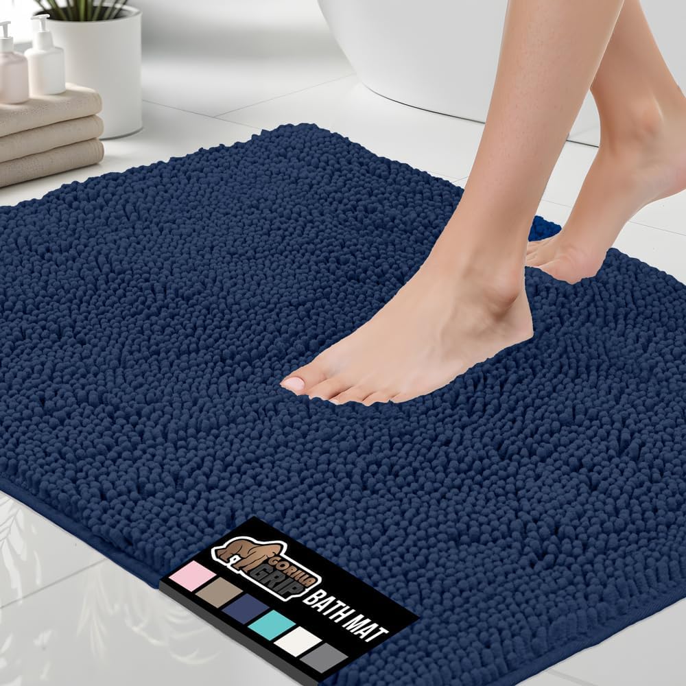 GORILLA GRIP Bath Rug Mat 60x24, Soft Absorbent Chenille, Quick Dry Microfiber Mats, Rubber Backing Washable Shower Floor Rugs, Bathmat Runner, US Designed Bathroom Home Decor Accessories Navy Blue