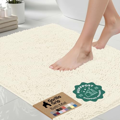 GORILLA GRIP Bath Rug Mat 60x24, Thick Soft Absorbent Chenille, Quick Dry Microfiber Mats, Rubber Backing Washable Shower Floor Rugs, Bathmat Runner, US Designed Bathroom Home Decor Accessories Ivory