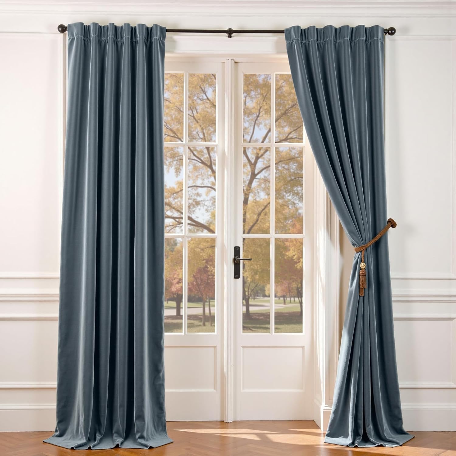 Lazzzy Velvet Curtains Blue Blackout Curtains Thermal Insulated Drapes for Bedroom Living Room 108 Inches Extra Long Window Treatments Super Soft Luxury Rod Pocket 2 Panels Aegean Blue