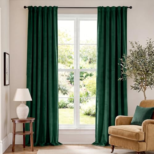 Lazzzy Velvet Blackout Curtains Green Thermal Insulated Drapes for Bedroom Living Room 108 Inches Extra Long Window Treatments Super Soft Luxury Rod Pocket 2 Panels Emerald Green