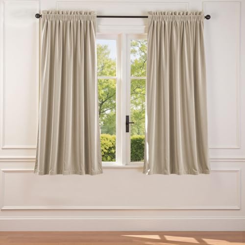 Lazzzy Beige Velvet Curtains 63 Inches Long Thermal Insulated Drapes for Living Room Bedroom Room Darkening Window Treatments Light Reducing Super Soft Luxury Rod Pocket 2 Panels Cream Beige