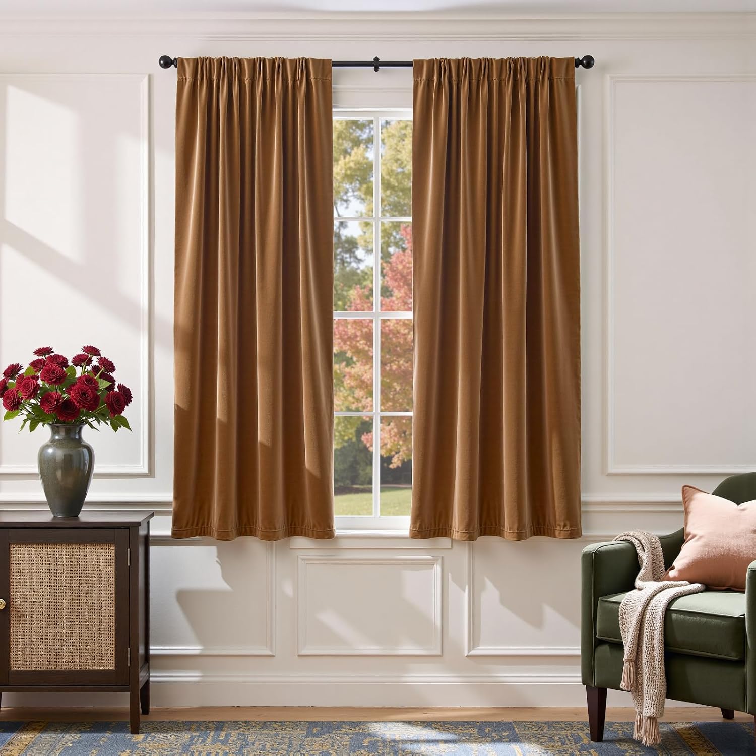 Lazzzy Velvet Blackout Curtains Brown Thermal Insulated Curtains Soundproof Noise Reducing Drapes for Bedroom Living Room Privacy Home Decor Rod Pocket 63 Inch Length 2 Panels Gold Brown