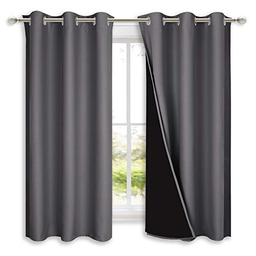 NICETOWN 100% Blackout Curtains with Black Liners, Thermal Insulated Full Blackout 2-Layer Lined Drapes, Energy Efficiency Window Draperies for Bedroom (2 Panels, 42 inches W by 63 inches L, Grey)