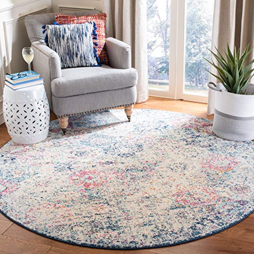 SAFAVIEH Madison Collection Area Rug - 6'7" Round, Navy & Teal, Boho Chic Distressed Design, Non-Shedding & Easy Care, Ideal for High Traffic Areas in Living Room, Bedroom (MAD611N)