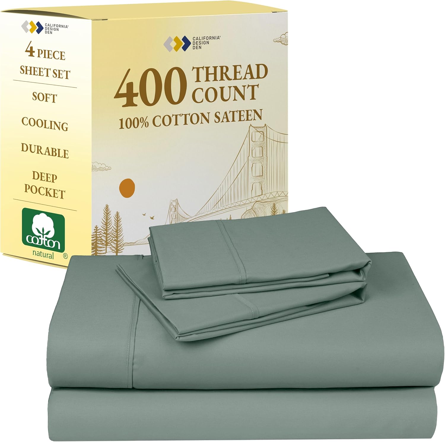 California Design Den Full Size Bed Sheets Set - Soft 400 Thread Count Sateen, Natural 100% Cotton Sheets with Deep Pockets, Breathable, Cooling and Durable Bedding Set - Sage Green