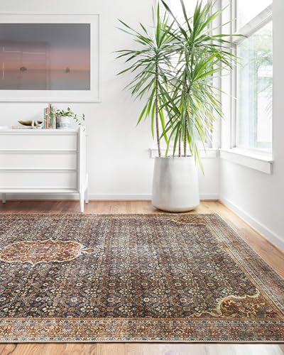 Loloi Layla Collection LAY-09 Cobalt Blue/Spice 5'-0" x 7'-6" .13" Thick Area Rug, Soft, Durable, Vintage Inspired, Distressed, Low Pile, Non-Shedding, Easy Clean, Printed, Living Room Rug