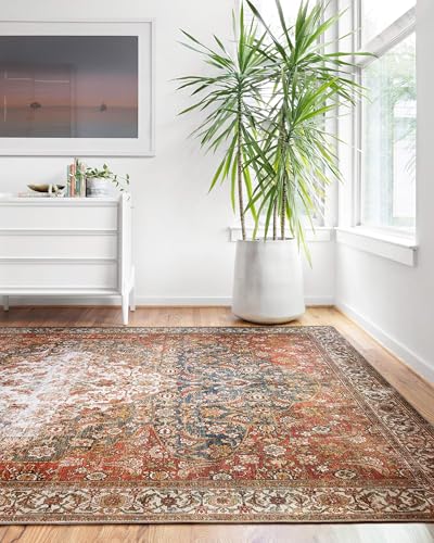 Loloi Layla Collection LAY-05 Ocean/Multi 5'-0" x 7'-6" .13" Thick Area Rug, Soft, Durable, Vintage Inspired, Distressed, Low Pile, Non-Shedding, Easy Clean, Printed, Living Room Rug