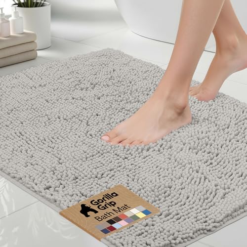 GORILLA GRIP Bath Rug Mat 60x24, Soft Absorbent Chenille, Quick Dry Microfiber Mats, Rubber Backing Washable Shower Floor Rugs, Bathmat Runner, US Designed Bathroom Home Decor Accessories Light Gray