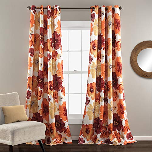 Lush Decor Leah Light Filtering Window Curtain Panels, Pair, 52" W x 95" L, Red & Orange - Floral Drapes for Bedroom - Orange Curtains - Farmhouse Decor