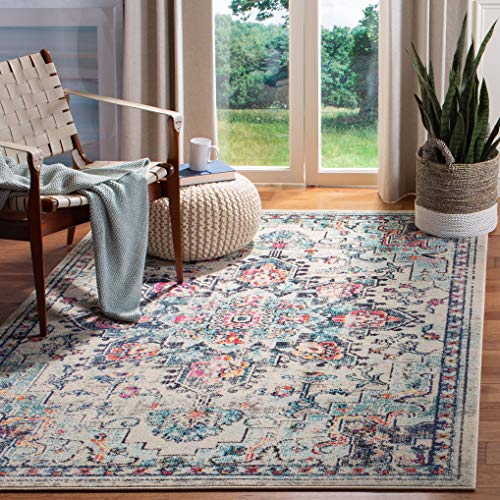 SAFAVIEH Area Rug 4x6 - Madison Collection - Cream & Blue, Boho Chic Distressed Medallion Design, Non-Shedding & Easy to Clean, Ideal for Living Room, Bedroom, Dining Space (MAD473B)