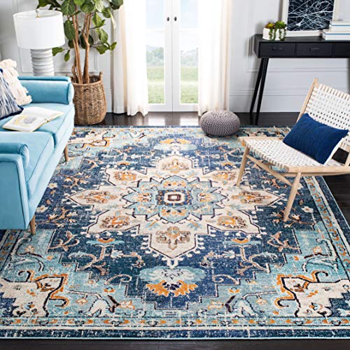 SAFAVIEH Madison Collection Area Rug - 6'7" Square, Blue & Light Blue, Boho Chic Distressed Medallion Design, Non-Shedding & Easy to Clean, Ideal for Living Room, Bedroom, Dining Space (MAD473M)