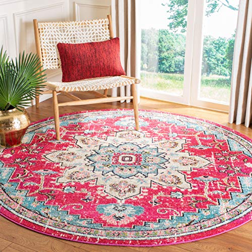 SAFAVIEH Madison Collection Area Rug - 6'7" Round, Fuchsia Purple Pink & Blue, Boho Distressed Medallion Design, Non-Shedding & Easy to Clean, Ideal for Living Room, Bedroom, Dining Space (MAD473A)