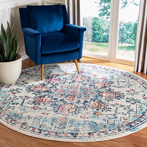 SAFAVIEH Madison Collection Area Rug - 6'7" Round, Cream & Blue, Boho Chic Distressed Medallion Design, Non-Shedding & Easy to Clean, Ideal for Living Room, Bedroom, Dining Space (MAD473B)