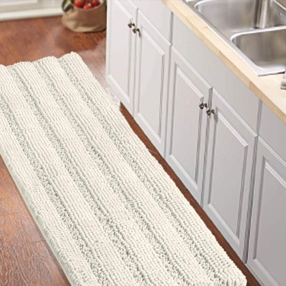 Turquoize Non-Slip Kitchen/Bath Rug Runner Luxury Chenille Shaggy Bathroom Rug Mat Cream Bath Mat, Ultra Soft and Cozy, Super Absorbent Large Shaggy Rugs, Washable Carpet Kitchen Mats, 59"x20", Cream