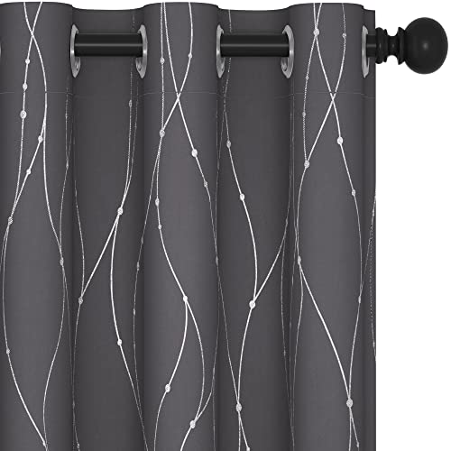 Deconovo Grey Blackout Curtains for Bedroom, Thermal Insulated Soundproof Drapes, Wave Dots Foil Print, 42 x 84 Inches Long, 2 Panels, MachineWashable Privacy Window Panel for Living Room Patio Door