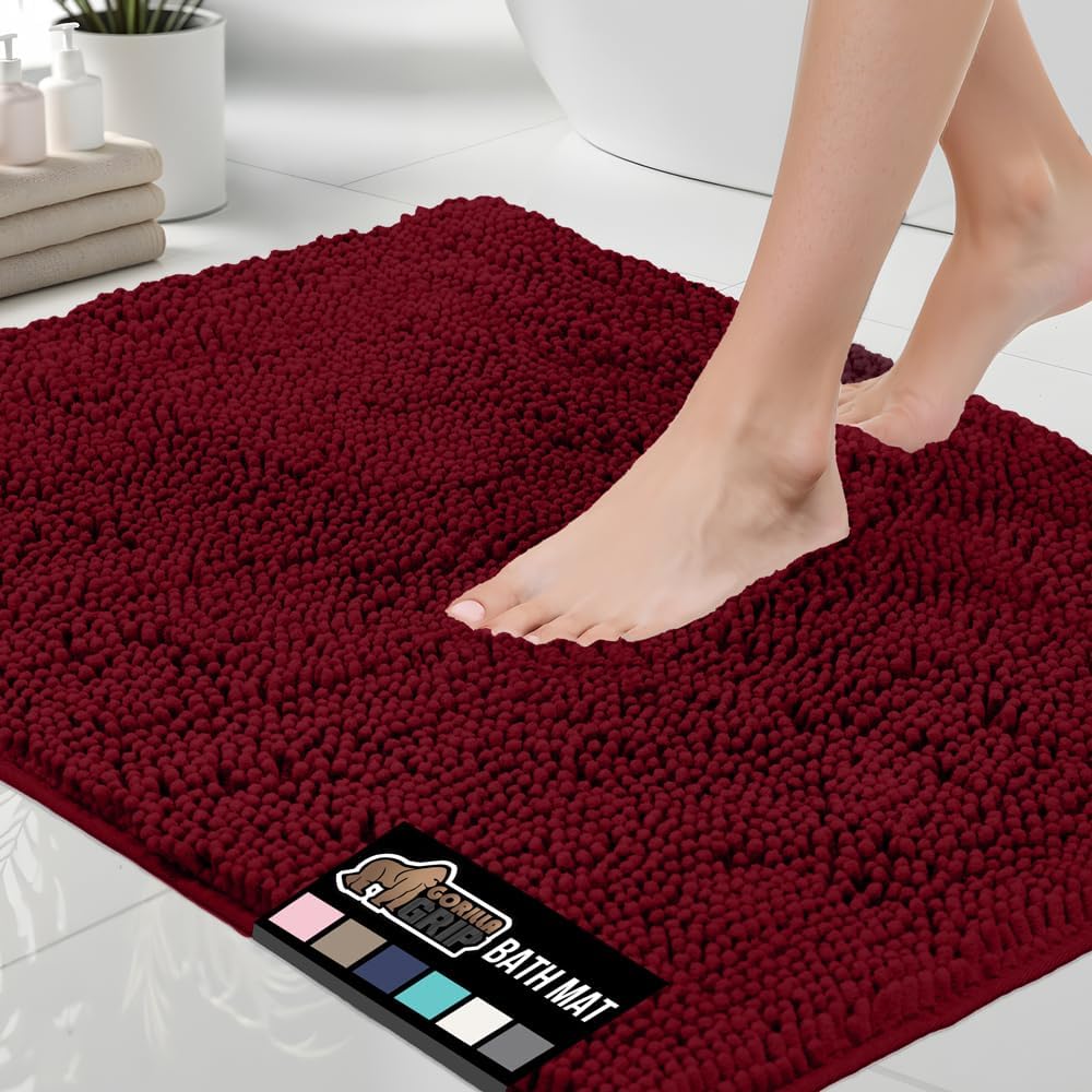 GORILLA GRIP Bath Rug Mat 60x24, Soft Absorbent Chenille, Quick Dry Microfiber Mats, Rubber Backing Washable Shower Floor Rugs, Bathmat Runner, US Designed Bathroom Home Decor Accessories Burgundy