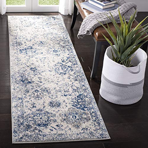SAFAVIEH Madison Collection Runner Rug - 2'3" x 12', White & Royal Blue, Floral Medallion Distressed Design, Non-Shedding & Easy Care, Ideal for High Traffic Areas in Living Room, Bedroom (MAD611C)