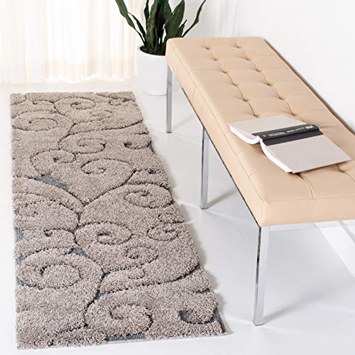 SAFAVIEH Florida Shag Collection Runner Rug - 2'3" x 11', Grey & Light Blue, Scroll Design, Non-Shedding & Easy Care, 1.2-inch Thick Ideal for High Traffic Areas in Living Room, Bedroom (SG455-1160)