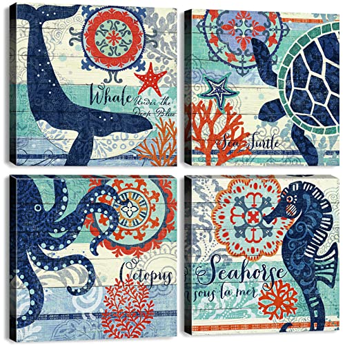YOOOAHU 4 Panel Teal Blue Home Wall Art