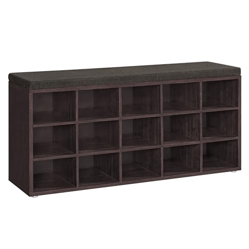 VASAGLE CUSTOS Collection - Shoe Bench, Storage Bench with Padded Seat, Entryway Bench with 15 Compartments, for Bedroom, 11.8 x 41.3 x 18.9 Inches, Espresso Brown and Chestnut Brown ULHS15BR