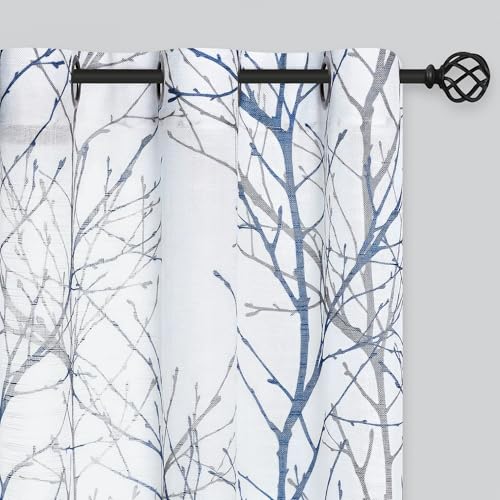 FMFUNCTEX Linen Semi Sheer Curtains for Bedroom, Blue White Curtains 63 Inches Long for Living Room, Grey Tree Branch Patterned Curtain Light Filtering Farmhouse Window Drapes, Grommet Top 2 Panels