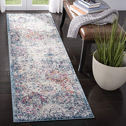 SAFAVIEH Madison Collection Runner Rug - 2'3" x 14', Navy & Teal, Boho Chic Distressed Design, Non-Shedding & Easy Care, Ideal for High Traffic Areas in Living Room, Bedroom (MAD611N)