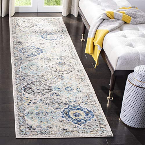 SAFAVIEH Madison Collection Runner Rug - 2'3" x 16', Ivory & Aqua, Boho Chic Distressed Design, Non-Shedding & Easy Care, Ideal for High Traffic Areas in Living Room, Bedroom (MAD611A)