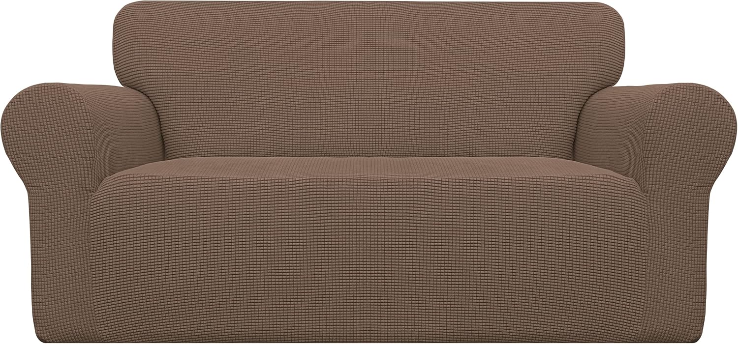 Easy-Going Stretch Loveseat Slipcover 1-Piece Sofa Cover Furniture Protector Couch Soft with Elastic Bottom for Kids Polyester Spandex Jacquard Fabric Small Checks (Loveseat, Brown)