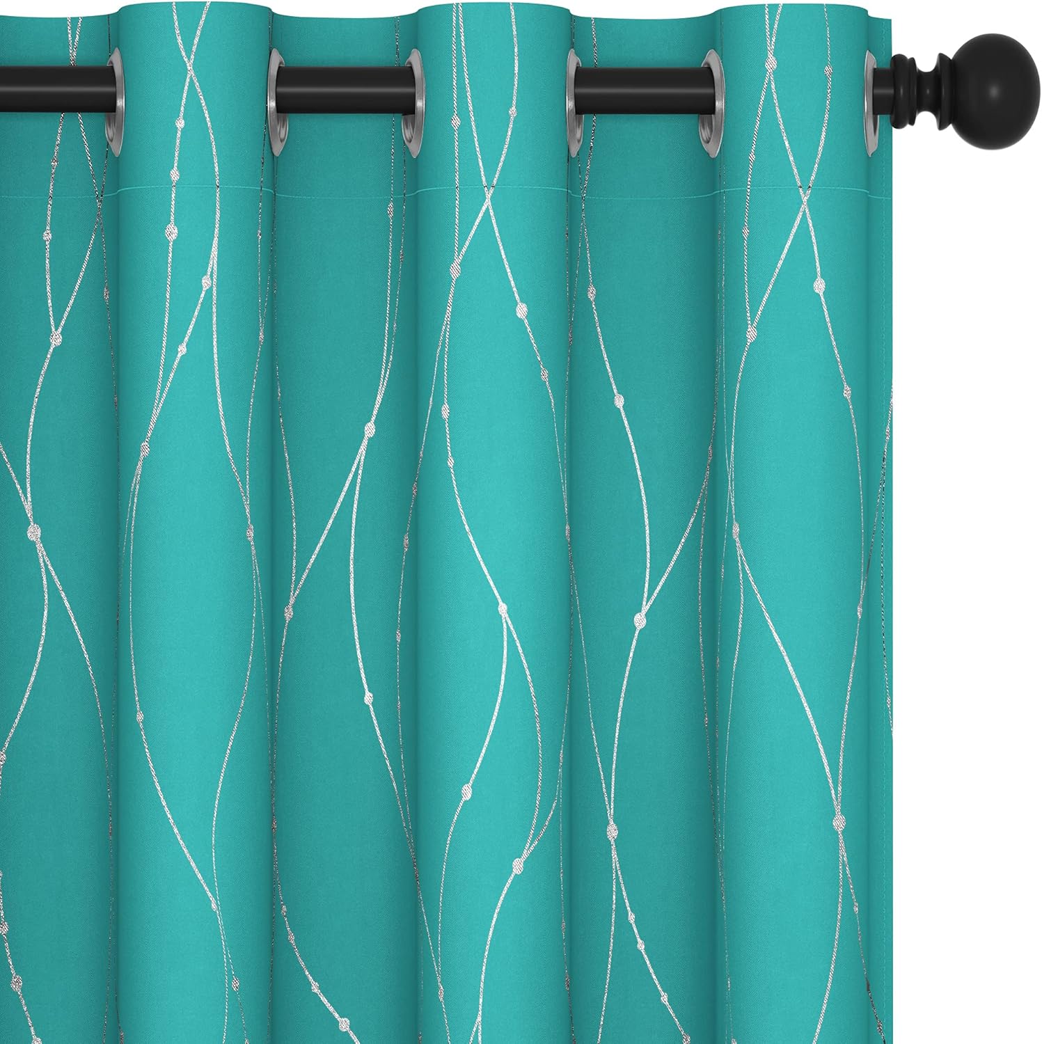 Deconovo Blackout Curtains - Silver Wave Dots Print, Thermal Insulated, Noise Reducing, Privacy Drapes for Bedroom & Living Room (52W x 84L Inch, Turquoise/Silver, 2 Panels)