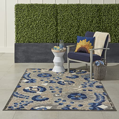 Nourison Aloha Indoor/Outdoor Natural/Blue 3'6" x 5'6" Area -rug, Easy -cleaning, Non Shedding, Bed Room, Living Room, Dining Room, Backyard, Deck, Patio (4x6)