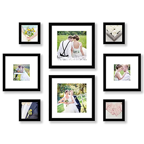 Americanflat Set of 8 Picture Frames with Shatter-Resistant Glass - Gallery Wall Frame Set with Two 11x11, Two 8x8 and Four 4x4 Frames - Signature Collection - Black