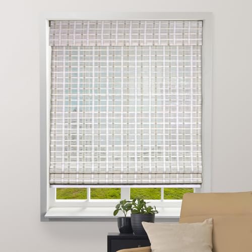 ARLO BLINDS Sheer Bamboo Roman Shades with Valance - Whitewash, 46.5" W x 60" H - Light Filtering Cordless Blinds for Interior Windows - Real Natural Bamboo Material - Mounting Hardware Included