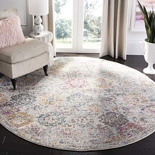 SAFAVIEH Madison Collection 9' Round Grey / Gold MAD611F Boho Chic Floral Medallion Trellis Distressed Non-Shedding Dining Room Entryway Foyer Living Room Bedroom Area Rug