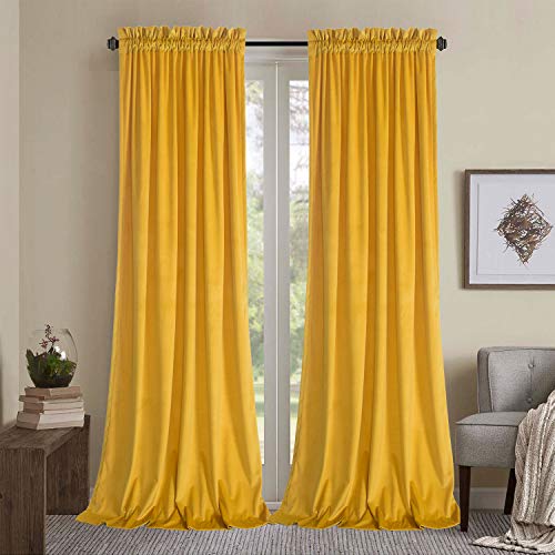 Roslynwood Block Light Velvet Curtains - Decorative Super Soft Velvet Curtain Panel, Energy Smart Kitchen Slide Door Insulated Drapes for Rod Pocket /52Wx84L Warm Yellow, 2 Panels