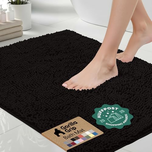 GORILLA GRIP Bath Rug Mat 70x24, Thick Soft Absorbent Chenille, Quick Dry Microfiber Mats, Rubber Backing Washable Shower Floor Rugs, Bathmat Runner, US Designed Bathroom Home Decor Accessories Black