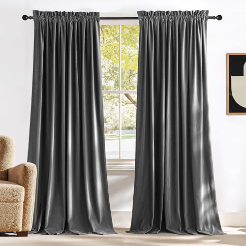 NICETOWN Grey Velvet Blackout Curtains 108 inches Long for Bedroom and Living Room, 52 X 108 Soundproof and Sunlight Reducing Heavy Matt Rod Pocket Drapes for Home Theater High Celling Wall (2 Panels)