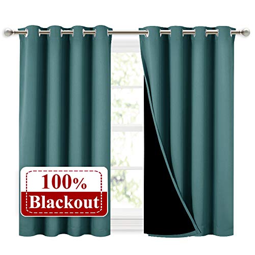 NICETOWN Small 100% Blackout Curtains with Black Liners, Thermal Insulated 2-Layer Lined Drapes, Energy Efficiency Window Draperies for Dining Room (Sea Teal, 2 Panels, 52-inch W by 45-inch L)