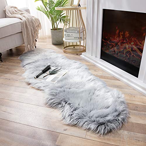 Ashler faux fur rug, Fluffy Shaggy Area Rug Ultra Soft 2 x 6 Feet Sheepskin Fur Rug, Frosted Bottom Gray Fuzzy Rug Machine Washable Shag Rug, Nursery Decor Throw Rugs for Bedroom, Living Room