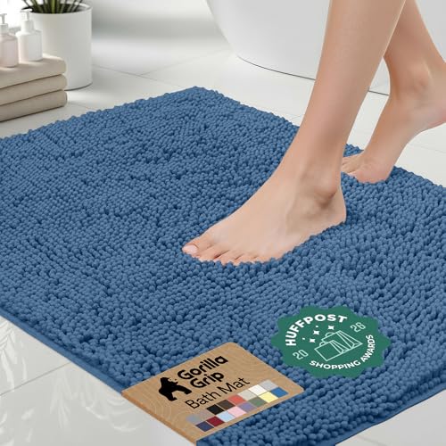 GORILLA GRIP Bath Rug Mat 44x26, Thick Soft Absorbent Chenille, Quick Dry Microfiber Mats, Rubber Backing Washable Shower Floor Rugs, Bathmat Runner, US Designed Bathroom Home Decor Accessories Blue